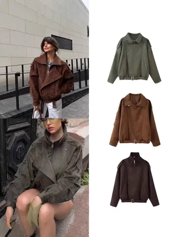Women Vintage Moto Jacket Polyester Short Coat Maillard Style Lapel Zipper Outerwear Casual Retro Streetwear Biker Jacket