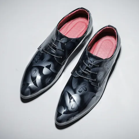 Men Women Patent Leather Pointed Toe Shoes Fashion Nightclub Patterned Lace Up Casual Low Top Large Size Dress Shoes
