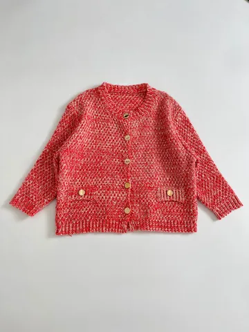 Women French Style Tweed Knit Cardigan Round Neck Gold Metal Buttons Long Sleeve Casual Elegant Polyester Sweater Top