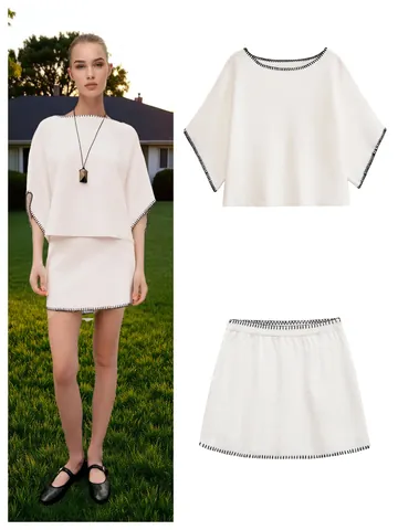 Women Casual Knit Top And Bottom Set Contrast Embroidery Round Neck Short Sleeve Top Vest And Skirt Fashion Outfit
