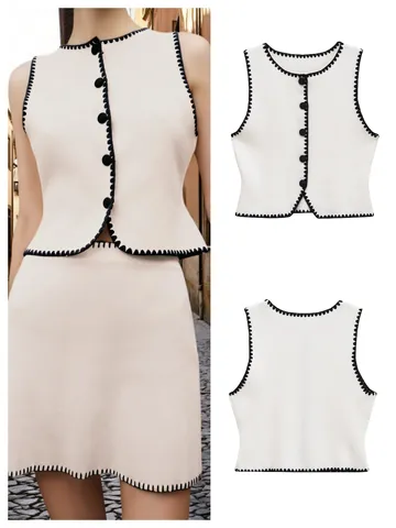 Women Casual Knit Top And Bottom Set Contrast Embroidery Round Neck Short Sleeve Top Vest And Skirt Fashion Outfit