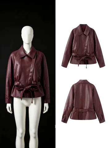 Women European Style Belted Short Artificial Leather Jacket Lapel Solid Color Long Sleeve Slim Fit Autumn Trench Coat Top