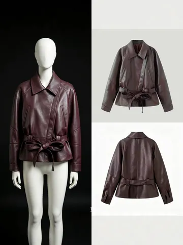 Women European Style Belted Short Artificial Leather Jacket Lapel Solid Color Long Sleeve Slim Fit Autumn Trench Coat Top