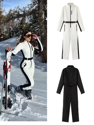 Women Fashion One-Piece Ski Suit Polyester Cotton Padded Slim Fit Snowsuit Winter Outdoor Sportswear Top And Bottom
