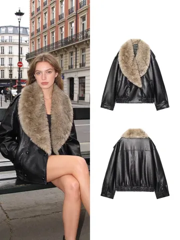 Giacca in Ecopelle da Donna Con Collo in Pelliccia Sintetica Removibile Doppiopetto Top Capospalla Oversize per Autunno Inverno