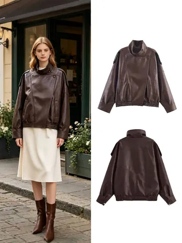 Women's Retro PU Leather Jacket Retro Streetwear Litchi Grain Moto Biker Jacket High Collar Zipper Coat Regular Fit Long Sleeve Outwear For Women