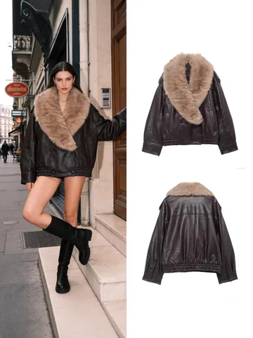 Giacca in Ecopelle da Donna Con Collo in Pelliccia Sintetica Removibile Doppiopetto Top Capospalla Oversize per Autunno Inverno