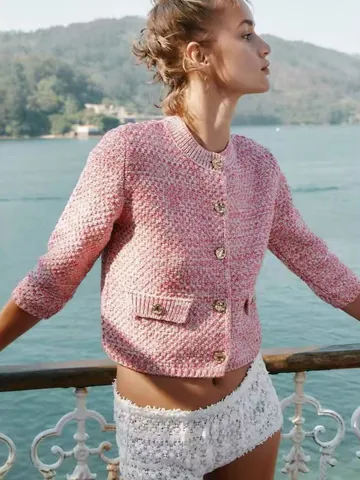 Women French Style Tweed Knit Cardigan Round Neck Gold Metal Buttons Long Sleeve Casual Elegant Polyester Sweater Top