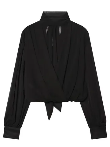 Women Elegant Stand Collar Bow Tie Blouse Long Sleeve Wrap Front Ruffled Shirt Polyester Casual Office Top For Lady