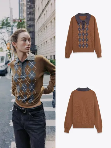 Dames Vintage Argyle Gebreid Poloshirt Lange Mouw Contrastkraag Geometrische Trui Casual Streetwear Top