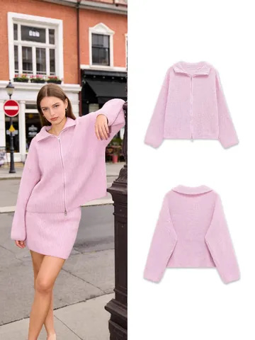 Women's Casual Striped Knit Jacket Full Zip Cardigan High Neck Long Sleeve Top Outerwear Streetwear Fashion Spring Autumn Coat