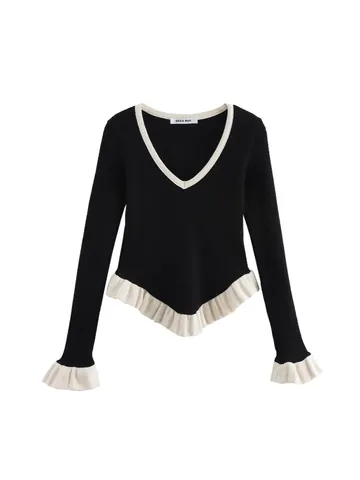 Women's Elegant V-Neck Long Sleeve Knit Sweater Commuter Design Layered Ruffle Trim Ribbed Polyester Pullover Top
