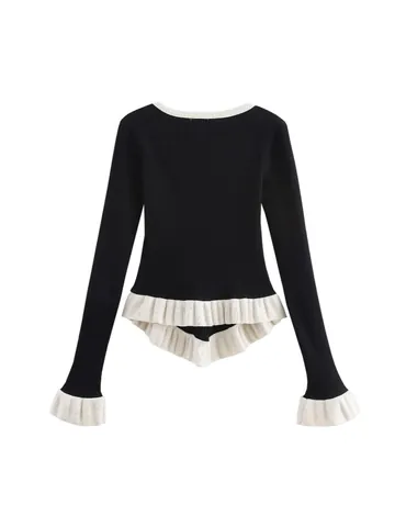 Women's Elegant V-Neck Long Sleeve Knit Sweater Commuter Design Layered Ruffle Trim Ribbed Polyester Pullover Top