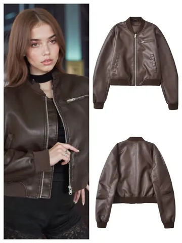 Women's Vintage Faux Leather Bomber Jacket Loose Casual Moto Biker Zip Coat Outerwear With Pockets Ribbed Trim Polyester
