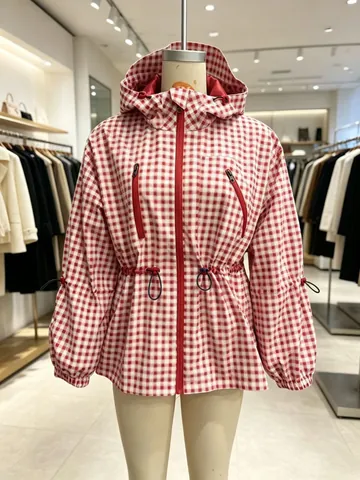 Vintage Gingham Hooded Jacket For Women Windproof Loose Fit Polyester Plaid Outerwear American Style Casual Spring Coat