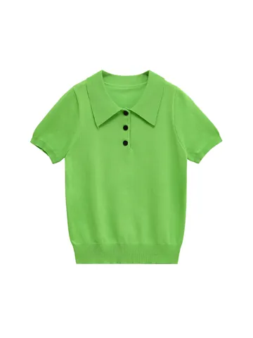 Women Short Sleeve Knit Polo Shirt Contrast Button Lapel Collar Ribbed Hem Casual Polyester Top For Summer Fashion