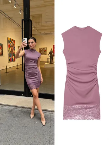 Women Sleeveless Round Neck Bodycon Dress With Ruched Detail And Lace Trim Hem Summer Elastic Polyester Slim Fit Midi Dress