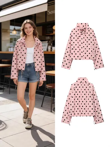 Women Polyester Polka Dot Drawstring Jacket Fashion Stand Collar Zip Up Long Sleeve Spring Outerwear Casual Slim Top