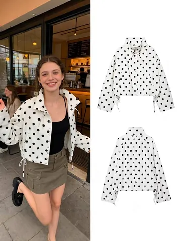 Women Polyester Polka Dot Drawstring Jacket Fashion Stand Collar Zip Up Long Sleeve Spring Outerwear Casual Slim Top