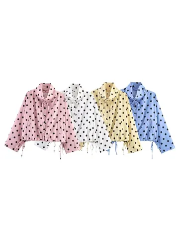 Blusa de Lunares de Manga Larga de Moda para Mujer Cuello Alto Monopetto Dobladillo con Cordón Casual Elegante