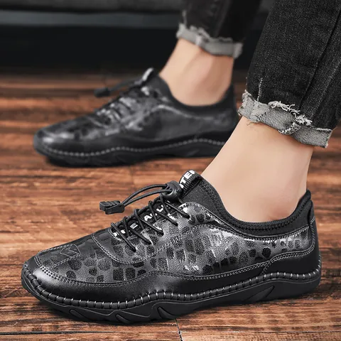 Chaussures de Randonnée Décontractées pour Hommes Grande Taille Baskets Plates à la Mode Noir Motif Crocodile Microfibre Chaussures de Sport