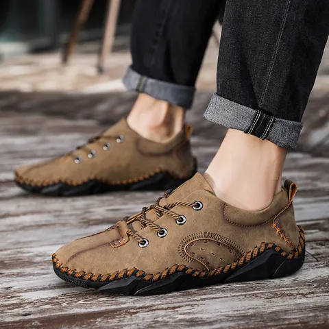 Men Fashion Stitched Casual Leather Shoes Microfiber Non-Slip Lace-Up Business Flat Shoes Large Size Men Outdoor Footwear
