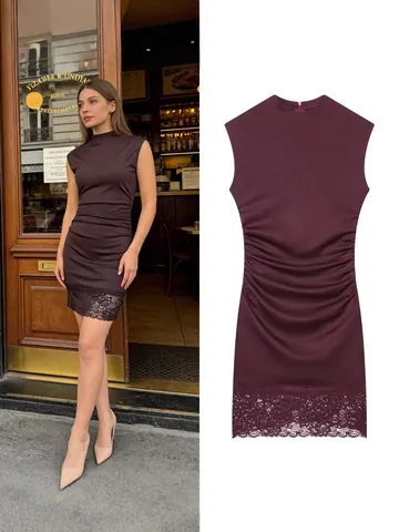 Women Sleeveless Round Neck Bodycon Dress With Ruched Detail And Lace Trim Hem Summer Elastic Polyester Slim Fit Midi Dress