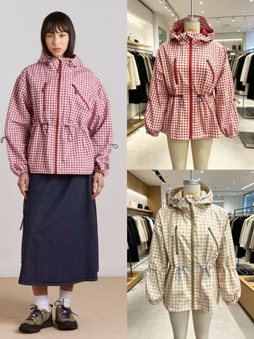 Vintage Gingham Hooded Jacket For Women Windproof Loose Fit Polyester Plaid Outerwear American Style Casual Spring Coat