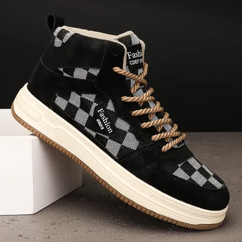 Men Vintage Checkerboard High Top Sneakers Fashion Casual Canvas Shoes Thick Sole Retro Streetwear Board Shoes Lace Up Sneakers