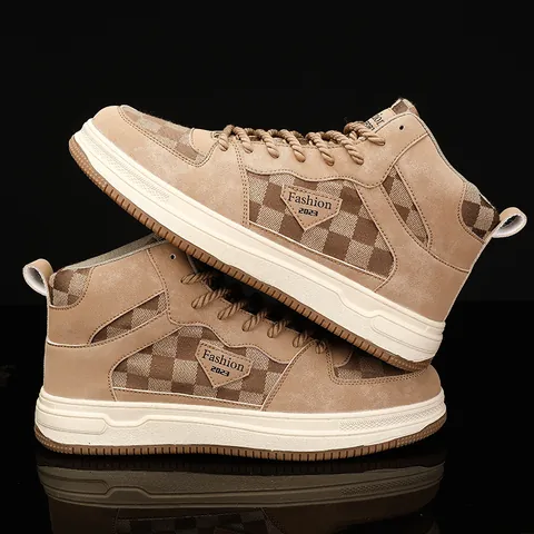 Men Vintage Checkerboard High Top Sneakers Fashion Casual Canvas Shoes Thick Sole Retro Streetwear Board Shoes Lace Up Sneakers