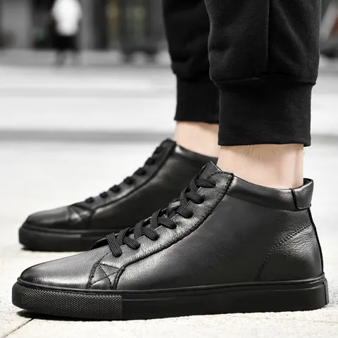 Unisex Hoge Lederen Sneakers Fleece Gevoerde Winter Warme Schoenen Casual Vetersluiting Platte Witte Board Schoenen Buiten Sport