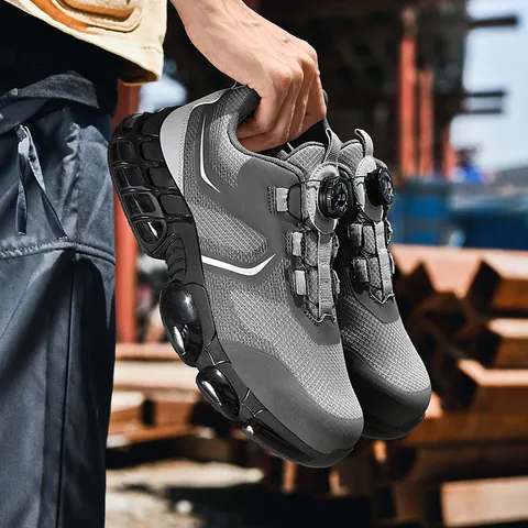 Zapatos de Seguridad al Aire Libre para Hombre Malla Transpirable Punta de Acero Anti-Perforación Zapatillas de Trabajo Moda con Hebilla Giratoria