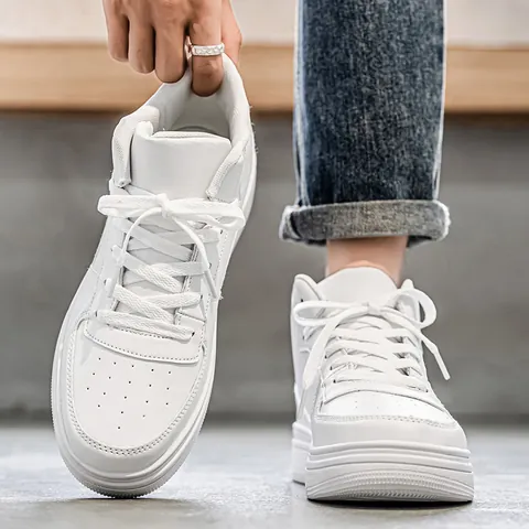 Men Trendy Large Size Minimalist Board Shoes High-top Low-top PU Leather Solid Color Lace-up Casual Sneakers Student White Shoes