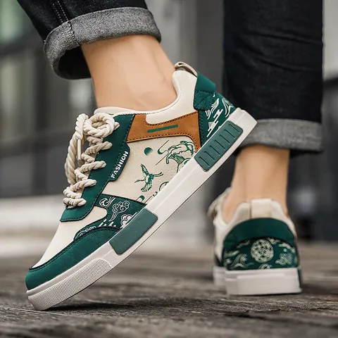Men Fashion Casual Board Shoes Faux Leather Crane Wave Printed Sneakers Low Top Flat Breathable Daily Shoes For Men Students