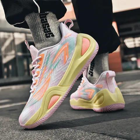 Heren Ademende Mesh Basketbalschoenen Kleurblok High Top Antislip Outdoor Sport Sneakers Casual Jeugd Training Sportschoenen