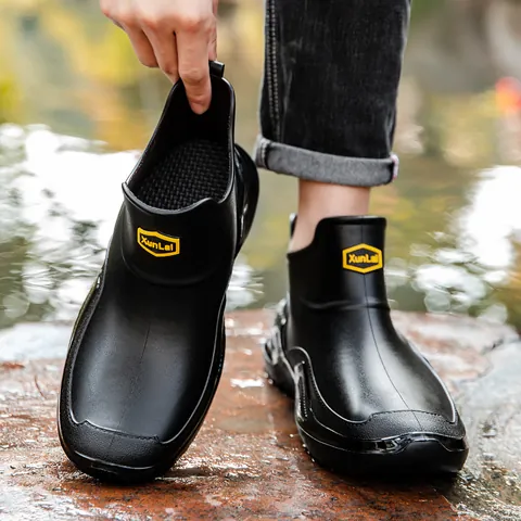 Men Waterproof Rain Boots Fashion Low Top Chelsea Style Integrated PVC Rainboots Non-Slip Thick Sole Outdoor Work Water Shoes