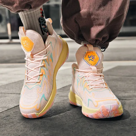 Professionele Mid-Top Basketbalschoenen Voor Heren Dames Colorblock Dikke Zool Slijtvaste Ademende Outdoor Sport Sneakers