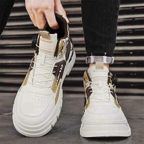 Men's High Top Martin Boots Rotating Buckle Outdoor Casual Shoes Leather Synthetic Leather Fabric Patchwork Thick Sole Boots