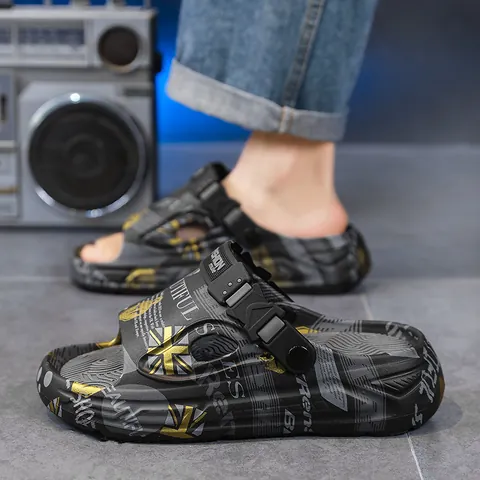 Heren Casual EVA Strand Sandalen Union Jack Graffiti Print Antislip Slides Draaibare Hielband Outdoor Zomer Sandalen