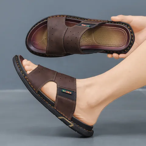 Men Casual Open Toe Slides PU Leather Perforated Breathable Non-slip Rubber Sole Outdoor Beach Fashion Slippers For Men