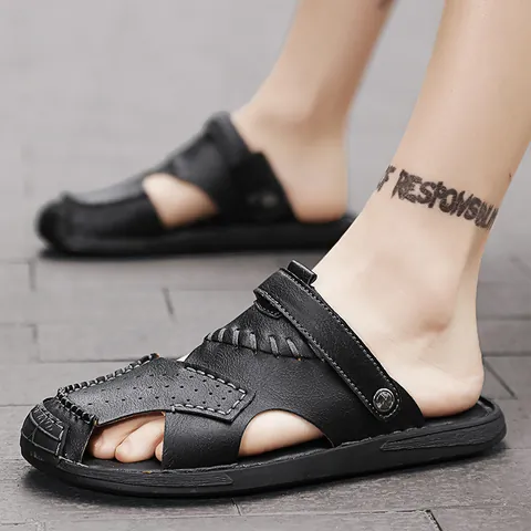 Men Split Cow Leather Hollow Out Breathable Sandals Outdoor Casual Closed Toe Slides Youth Fashion Shoes Non-Slip Beach Footwear
