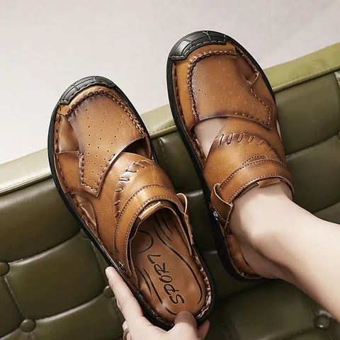 Men Split Cow Leather Hollow Out Breathable Sandals Outdoor Casual Closed Toe Slides Youth Fashion Shoes Non-Slip Beach Footwear