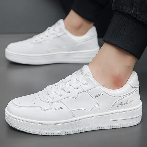Men Casual Fashion Skate Shoes Low Top White Sneakers Synthetic Leather Lace-up Color Block Sports Shoes For Teenagers Student