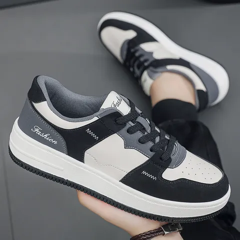 Men Casual Fashion Skate Shoes Low Top White Sneakers Synthetic Leather Lace-up Color Block Sports Shoes For Teenagers Student