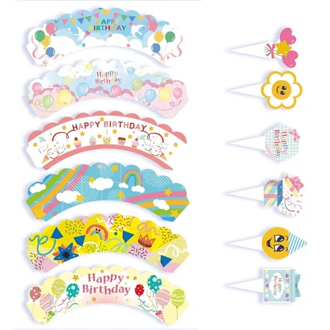 Verjaardag Cupcake Wrappers En Taarttoppers Set Cartoon Regenboog Ster Hart Patroon Golvende Rand Papier Taart Decoratie Voor Feest