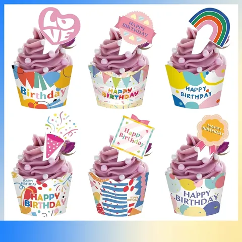 Cartoon Birthday Cake Topper Cupcake Wrapper Set For Kids Party Decoration Supplies Printed Paper Cake Decor Supplies