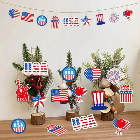 Amerikanischer Unabhängigkeitstag Hängeornamente Patriotische Rot Weiß Und Blau Papier Etiketten Party Dekorationen Mit Hanfseil