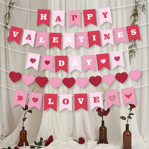 Valentine's Day Heart Banner Set Romantic Love Letter Cupid Pennant Garland Paper Hanging Decoration For Wedding Party Wall Ornament