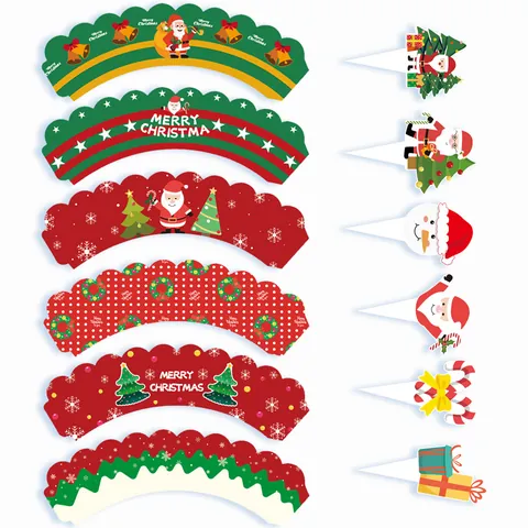 Kerst Papieren Taarttoppers En Wrappers Set Kerstman Sneeuwpop Boom Bedrukte Cupcake Decoratie Feestartikelen