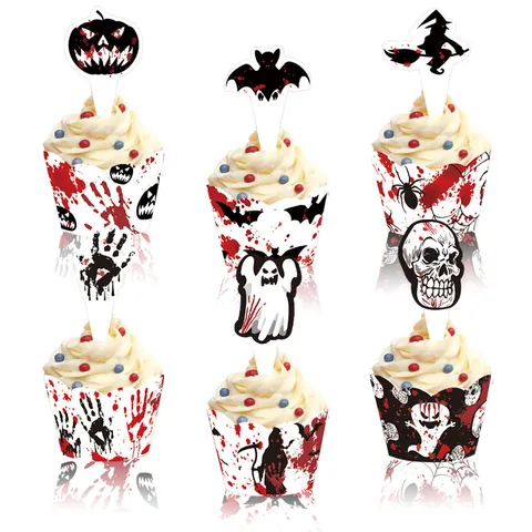 Halloween Cupcake Wrappers and Toppers Set Spooky Pumpkin Ghost Witch Bat Paper Dessert Decor For Holiday Party Celebration